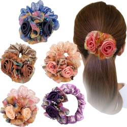 Haargummis mit glitzernden Kristallperlen, Rosenblüten, elegante Haargummis, elastisches Haarband, Pferdeschwanz-Halter, florales Haargummi, Haarschmuck (bunt), 5 Stück von CJKDXDH