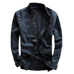 Spring Mens Shirt Japan Vintage Style Premium -Leinenständer Kragen Slim Fit Single Breasted Simple Design Casual Shirts Blue 2XL von CJQJPNZ