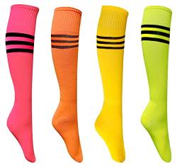 4 Paar kniehohe Socken, passend für Größe 39-44, dreifach gestreifte Rollschuh-Socken, hohe Hexe, Kniestrümpfe, bunt, Skaten, Athletic, Schwarz dreifach gestreift (gelb/rosa/orange/grün), 37.5-43 EU von CKANDAY