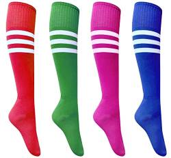 4 Paar kniehohe Socken, passend für Größe 39-44, dreifach gestreifte Rollschuh-Socken, hohe Hexe, Kniestrümpfe, bunt, Skaten, Athletic, Weiß dreifach gestreift (rosa/blau/rot/grün), 37.5-43 EU von CKANDAY
