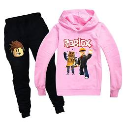 Ro-blox Game Jungen Hoodies Mädchen Outfits Cartoon Kinder Pullover Sweatshirt Hose 2 Stück Mode Kleidung Sets Gr. 7-8 Jahre, Pink01 von CKCKTZ