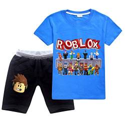 Ro-blox Jungen T-Shirt Set Kinder Spiel Cartoon Kurzarm Tops Sweatshirt Shorts 2 Stück Baumwolle Sommer Tee Gr. 10-11 Jahre, Blue01 von CKCKTZ