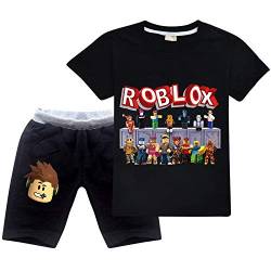 Ro-blox Jungen T-Shirt Set Kinder Spiel Cartoon Kurzarm Tops Sweatshirt Shorts 2 Stück Baumwolle Sommer Tee Gr. 10-11 Jahre, Schwarz01 von CKCKTZ