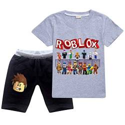 Ro-blox Jungen T-Shirt Set Kinder Spiel Cartoon Kurzarm Tops Sweatshirt Shorts 2 Stück Baumwolle Sommer Tee Gr. 11-12 Jahre, Gray01 von CKCKTZ