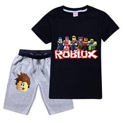 Ro-blox Jungen T-Shirt Set Kinder Spiel Cartoon Kurzarm Tops Sweatshirt Shorts 2 Stück Baumwolle Sommer Tee Gr. 11-12 Jahre, Schwarz04 von CKCKTZ