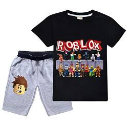 Ro-blox Jungen T-Shirt Set Kinder Spiel Cartoon Kurzarm Tops Sweatshirt Shorts 2 Stück Baumwolle Sommer Tee Gr. 7-8 Jahre, Schwarz02 von CKCKTZ