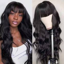 24 Zoll Body Wave Human Hair Wigs With Bangs For Black Women, Body Wave Echthaar Perücke avec Une 150% Densité für Damen, 100% Brasilianisches Echthaar Perücke Damen (60 cm) von CLASSINE