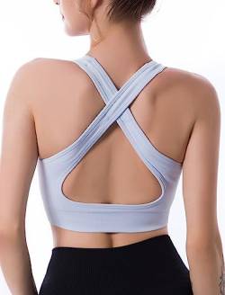 CLDFHX Damen Sport BH Gekreuzt Nahtlos Ohne Bügel Bequem Sport Top Crop Gym BH mit Kreuzträgern für Yoga Workout Fitness, Hellblau, XL von CLDFHX