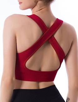 CLDFHX Damen Sport BH Gekreuzt Nahtlos Ohne Bügel Bequem Sport Top Crop Gym BH mit Kreuzträgern für Yoga Workout Fitness, Weinrot, L von CLDFHX