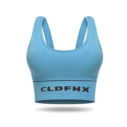 CLDFHX Damen Sport BH Nahtlos Ohne Bügel Herausnehmbare Gepolstert Longline Sport Crop Tops für Yoga Workout Fitness, Blau, S von CLDFHX