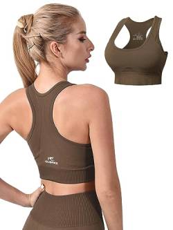 CLDFHX Damen Sport BH Nahtlos mit Polstern Ohne Bügel Flex Racerback Fitness BH Ohne Verschluss zum Yoga Joggen Laufen Pilates, Braun, XXL von CLDFHX