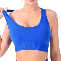 CLDFHX Damen Sport BH Starker Halt mit Polstern Ohne Bügel Comfy BH Nahtlos BH Racerback Top zum Yoga Joggen Fitness Laufen Pilates, Blau, XL von CLDFHX