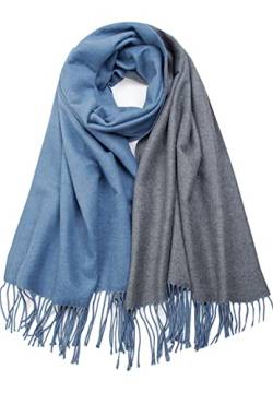 CLELLA Schal Damen Warm Herbst Doppelseite Baumwolle mit Quasten Weiche Großer Deckenschal Mehrweg (blau+grau) von CLELLA