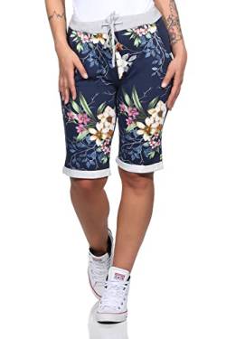 CLEO STYLE Kurze Damen Bermuda, leichte luftige Hose für den Sommer, kurzer Jogger für Freizeit und Strand 9 (Dunkelblau/Blume 1) von CLEO STYLE