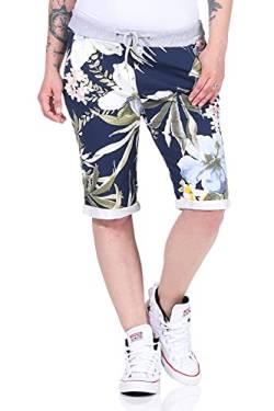 CLEO STYLE Kurze Damen Bermuda, leichte luftige Hose für den Sommer, kurzer Jogger für Freizeit und Strand 9 (Dunkelblau/Blume 2) von CLEO STYLE