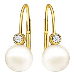 CLEVER SCHMUCK Goldene Damen Ohrringe als Ohrhänger 16 mm mit Süßwasserzuchtperle weiß Ø 6,5 mm und 1 Zirkonia Ø 2 mm 333 Gold 8 Karat im Etui sand von CLEVER SCHMUCK