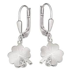 CLEVER SCHMUCK Silberne Damen Kleeblatt Ohrringe als Ohrhänger 25 mm Glücksklee 1 Zirkonia glänzend Sterling Silber 925 im Etui weiß von CLEVER SCHMUCK