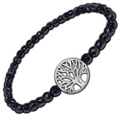 CLEVER SCHMUCK Silbernes Damen Armband Hämatit 19 cm lang flexibel dehnbar mit Lebensbaum Ø 14 mm glänzend schlicht teils offen Sterling Silber 925 im Schmucketui von CLEVER SCHMUCK