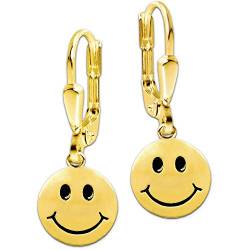 CLEVER SCHMUCK Vergoldete Damen Ohrhänger Smiley Ø 12 mm matt mit Augen Mund schwarz Sterling Silber 925 gold-plattiert im Etui blau von CLEVER SCHMUCK