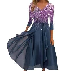 CLKPEN Abendkleider Damen Lang 3/4 Ärmel V-Ausschnitt Partykleid Chiffon Swing Festkleid Elegant Spitze Patchwork Cocktailkleid Festliches Ballkleid Brautjungfernkleider Für Hochzeit(A PP1,4XL) von CLKPEN