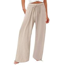 CLKPEN Freizeithose Damen Elegant Einfarbig Weites Bein Hose Haremshose Arbeitshose Hohe Tunnelzug Stretch Elastische Baumwolle Leinen Sommerhose Gesmokte Palazzo Yogahose Mit Taschen(A Beige,5XL) von CLKPEN