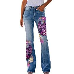 CLKPEN Schlagjeans Jeanshosen Damen High Waist Stretch Denim Jeanshosen Sommer Retro Blumen Print Skinny Schlaghose Flared Hose Jeans Casual Lose Hose Weites Bein Retro Stil Denim Pants(O Lila,L) von CLKPEN