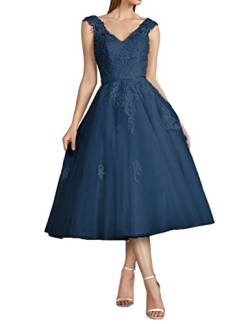 CLLA dress Damen Tüll Brautkleider Spitzen Applikationen Ballkleid Teelänge für die Braut V-Ausschnitt Abendkleider(Navy Blau,44) von CLLA dress