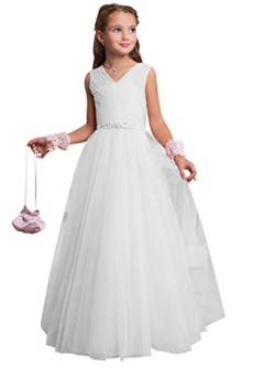 CLLA dress Mädchen V-Ausschnitt Blumenmädchenkleid A-Linie Tüll Lang Hochzeit Fest Mädchen Kleid mit Strass Bunch Kinderkleid Partykleid Kommunionkleid(Weiß,10-11 Jahre) von CLLA dress