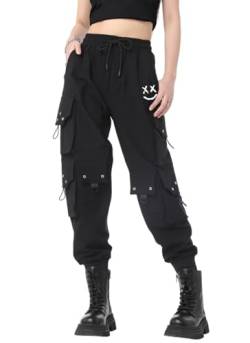 CLOAKA Cargohose Damen Hosen Jogginghose Hose Baggy Weites Bein Y2k Pants Outdoor High Waist Stretch Cargo Techwear Streetwear Bequeme Große Größen Gothic Breite Gummizug Cargohosen Print Schwarz 2XL von CLOAKA