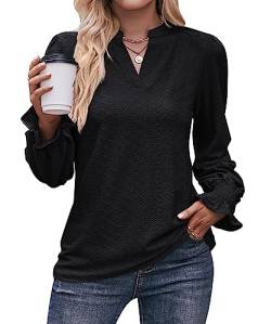 Women Solid Colour T Shirt Mesh V Neck Top Casual Business Ruffle Sleeve Long Sleeve Blouse for Women(Black,S) von CLOOCL