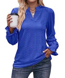 Women Solid Colour T Shirt Mesh V Neck Top Casual Business Ruffle Sleeve Long Sleeve Blouse for Women(Blue,L) von CLOOCL