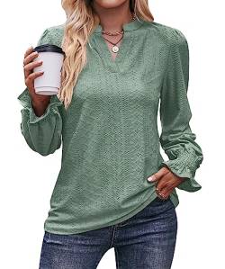 Women Solid Colour T Shirt Mesh V Neck Top Casual Business Ruffle Sleeve Long Sleeve Blouse for Women(Green,L) von CLOOCL