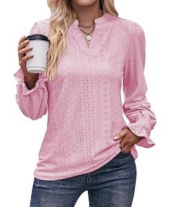 Women Solid Colour T Shirt Mesh V Neck Top Casual Business Ruffle Sleeve Long Sleeve Blouse for Women(Pink,L) von CLOOCL