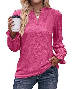 Women Solid Colour T Shirt Mesh V Neck Top Casual Business Ruffle Sleeve Long Sleeve Blouse for Women(Red,M) von CLOOCL