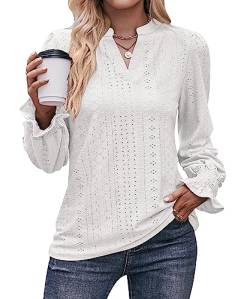 Women Solid Colour T Shirt Mesh V Neck Top Casual Business Ruffle Sleeve Long Sleeve Blouse for Women(White,M) von CLOOCL
