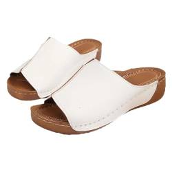 CLOUDEMO Damping Sole Upgradation Stretch Lightweight Sandals, Walking Summer Shoes, Sandals For Women, Arch Support Flat Wide Width Leather Platform Wedge Slide Sandals (White,8 Wide) von CLOUDEMO