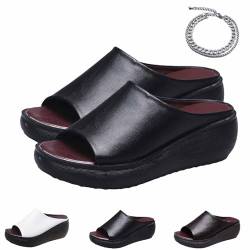 CLOUDEMO Orthopedic Sandals 2024 Summer Comfortable Orthotic Leather Wedges Slides, Memory Foam Slides for Women, Comes with 1 anklet (Black,9-9.5) von CLOUDEMO