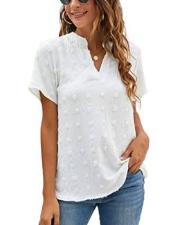 CLOUSPO Chiffon Blusen Damen Kurzarm Blusen T Shirt mit V Ausschnitt Sommer Blusen mit Tupfen für Freizeit Tunika(Weiss,L) von CLOUSPO