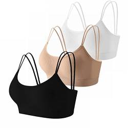 CLOUSPO Damen Bralette Doppelte Spaghettiträge Bustier Damen Seamless BH ohne Bügel Sport BH Schlaf BH Set 1/3/6er Pack 3er Pack(Schwarz/Weiss/Beige,L) von CLOUSPO