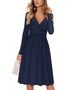 CLOUSPO Damen Herbst Kleid Langarm Winterkleid Elegant V-Ausschnitt Herbstkleid Rüsche Retro Casual A-line Freizeit Kleider mit Taschen (Blau, L) von CLOUSPO