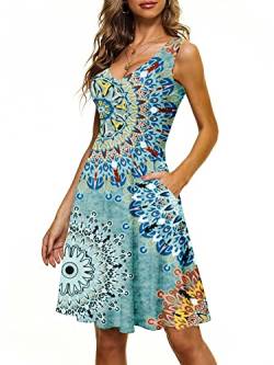 CLOUSPO Damen Sommerkleid Elegantes A Linie Kleid Einfarbig Minikleid Knielang Kleid Damen Ärmellos Tunikakleid mit Taschen für Sommer Strand(Blau Blumen,M) von CLOUSPO