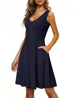 CLOUSPO Damen Sommerkleid Elegantes A Linie Kleid Einfarbig Minikleid Knielang Kleid Damen Ärmellos Tunikakleid mit Taschen für Sommer Strand(Blue,L) von CLOUSPO