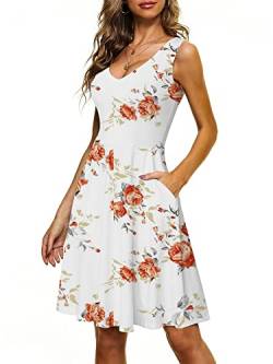 CLOUSPO Damen Sommerkleid Elegantes A Linie Kleid Einfarbig Minikleid Knielang Kleid Damen Ärmellos Tunikakleid mit Taschen für Sommer Strand(Weiss Blumen,L) von CLOUSPO