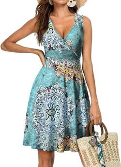 CLOUSPO Damen Sommerkleid Sommer Ärmellos Strandkleid mit V Ausschnitt Elegant Kleid Knielang Tankkleid für Strand(Blau, L) von CLOUSPO