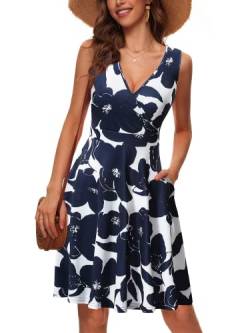 CLOUSPO Damen Sommerkleid Sommer Ärmellos Strandkleid mit V Ausschnitt Elegant Kleid Knielang Tankkleid für Strand(Blau Blumen, L) von CLOUSPO