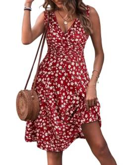 CLOUSPO Damen Sommerkleid Sommer Ärmellos Strandkleid mit V Ausschnitt Elegant Kleid Knielang Tankkleid für Strand(Rot, M) von CLOUSPO