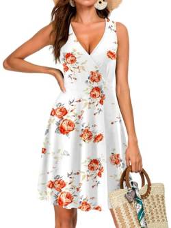 CLOUSPO Damen Sommerkleid Sommer Ärmellos Strandkleid mit V Ausschnitt Elegant Kleid Knielang Tankkleid für Strand(Weiss Blumen, M) von CLOUSPO