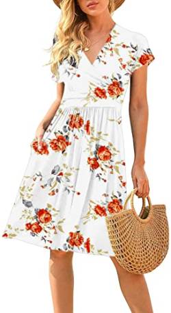 CLOUSPO Damen Sommerkleider Kurzarm Elegant V-Ausschnitt Boho mit Taschen Strandkleider Knielang Rüsche Retro Casual A-line Freizeit Kleider (Weiss Blumen, L) von CLOUSPO