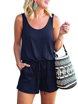 CLOUSPO Jumpsuit Damen Elegant Sommer Kurz Ärmellos Playsuit Einfarbig Strand Overall Romper Jumper (L, Dunkelblau) von CLOUSPO