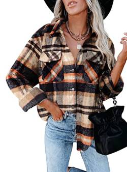 CLOUSPO Karierte Jacke Damen Karierte Bluse Karohemd Holzfällerjacke Holzfällerhemd mit Taschen für Winter Herbst(Khaki, M) von CLOUSPO